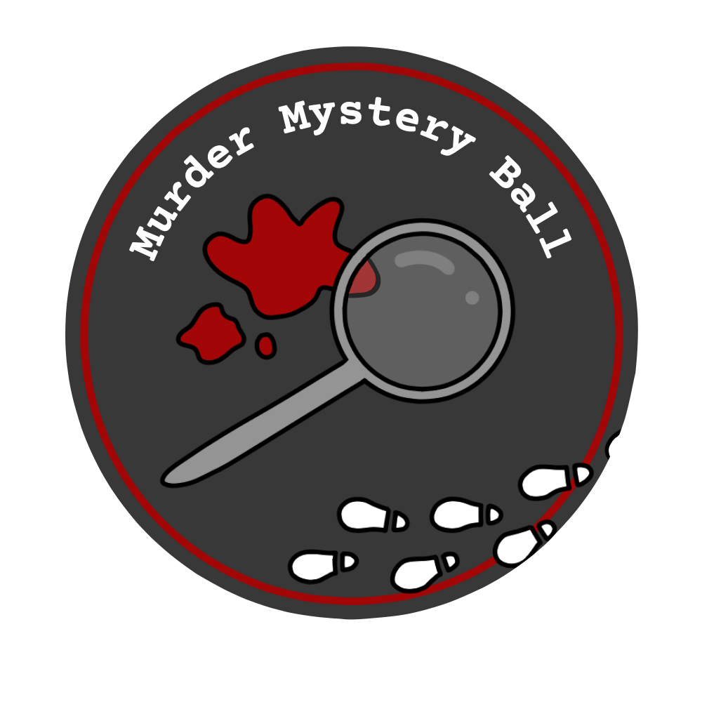 Murder mystery ball logo depicting a magnifying glass, blood splatter and footprints.